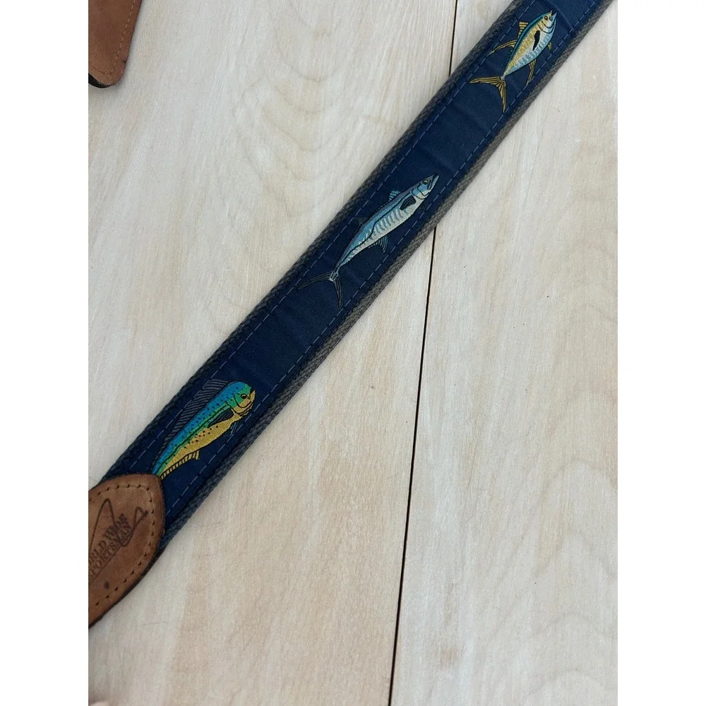World Wide Sportsman Mens Fish Ribbon Belt Navy Blue Leather Brass Size 38 USA